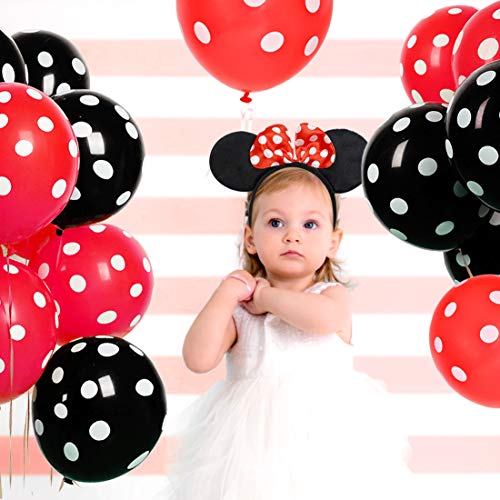 Artículos para la fiesta de Minnie Decoraciones de cumpleaños Rojo y negro para niñas, Cinta para la oreja, Banner de feliz cumpleaños y Guirnaldas para las decoraciones del 1 ° 2 ° cumpleaños