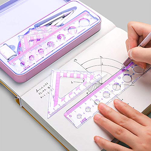 ASFINS Compas Escolar, 7 Piezas Compas Dibujo Tecnico Set de Geometría, Incluye Compas de Dibujo, Regla, Transportador de Angulos, Borrador, Compás Set para Escuela y Oficina, Rosado