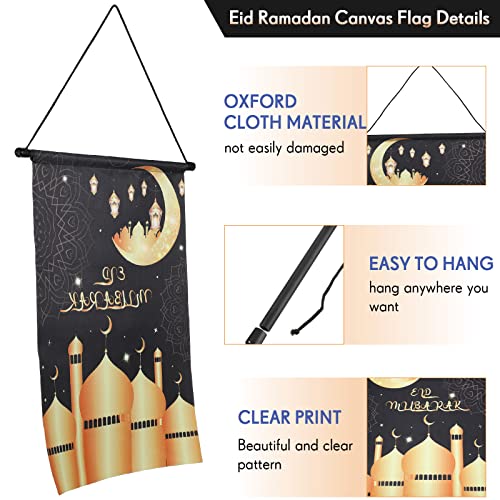 Banner de Eid Ramadán Kareem Decoraciones de Ramadán de Tela Oxford para Hogar Bandera de Casa de Eid Mubarak Bandera de Jardín Religioso Islámico, Negro y Oro, 17,7 x 11,8 Pulgadas