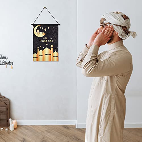 Banner de Eid Ramadán Kareem Decoraciones de Ramadán de Tela Oxford para Hogar Bandera de Casa de Eid Mubarak Bandera de Jardín Religioso Islámico, Negro y Oro, 17,7 x 11,8 Pulgadas