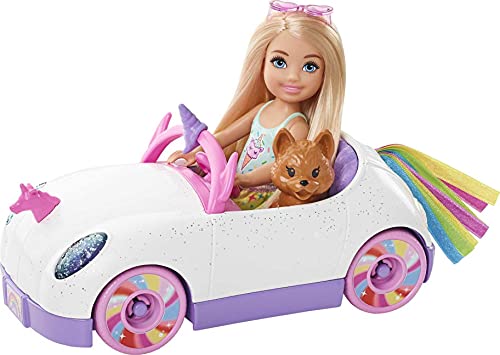 Barbie Chelsea con coche, muñeca con vehículo de juguete, mascota, pegatinas y accesorios de juguete (Mattel GXT41)