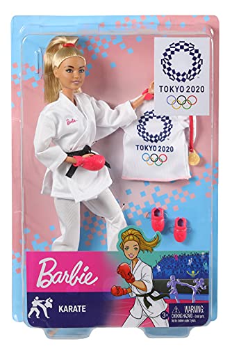 Barbie- Juegos Olímpicos Tokio 2020 muñeca Karateka con Uniforme y con Accesorios (Mattel GJL74) , Color/Modelo Surtido + Quiero Ser Boxeadora, muñeca Morena con Guantes de Boxeo Rosa