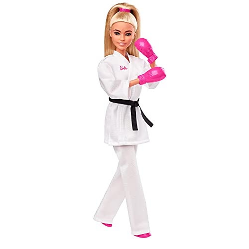 Barbie- Juegos Olímpicos Tokio 2020 muñeca Karateka con Uniforme y con Accesorios (Mattel GJL74) , Color/Modelo Surtido + Quiero Ser Boxeadora, muñeca Morena con Guantes de Boxeo Rosa