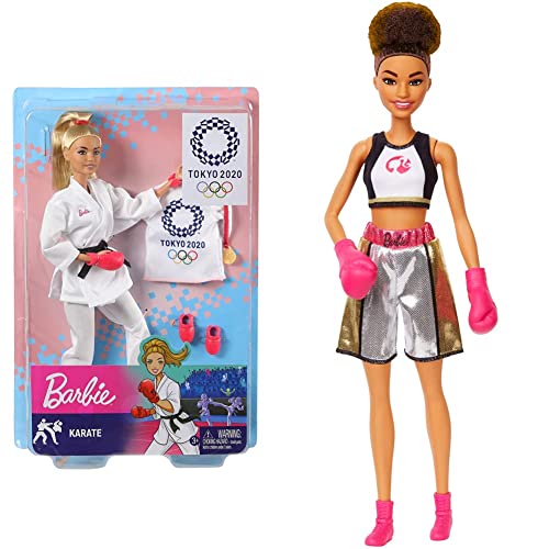 Barbie- Juegos Olímpicos Tokio 2020 muñeca Karateka con Uniforme y con Accesorios (Mattel GJL74) , Color/Modelo Surtido + Quiero Ser Boxeadora, muñeca Morena con Guantes de Boxeo Rosa