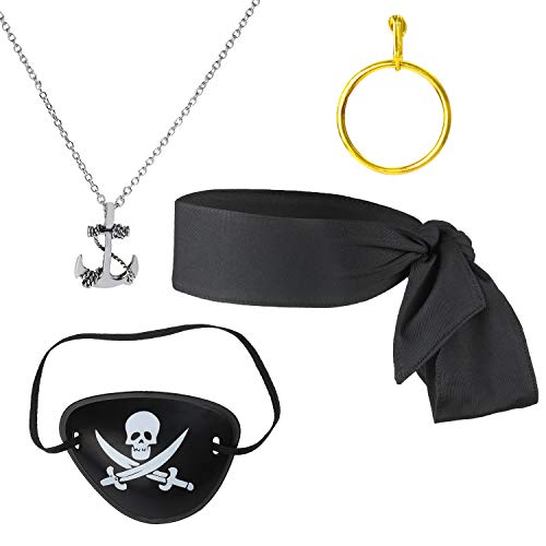 Beelittle 4 Piezas Juego de Accesorios para Disfraz de capitán Pirata Lazo Rojo Cabeza Pañuelo Envoltura Bandana Pirata Parche en el Ojo Collar con aretes Dorados Kit de Accesorios para Piratas (F)