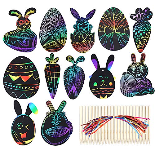 BETESSIN 48 Pcs Papel para Rascar Pascua Manualidad para Niños con Cintas y Lápices Dibujos Láminas Mágicos Conejos Huevos de Pascua Scratch Art Paper Dibujar Escribir para Fiesta de Pascua