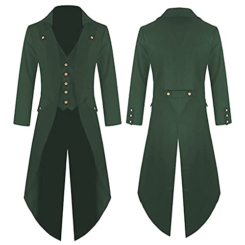 BGUK Abrigo de hombre para Halloween, estilo steampunk, gótico, retro, victoriano, cosplay, chaqueta de esmoquin, uniforme, medieval, chaleco, chaqueta y falda de arma, verde, M