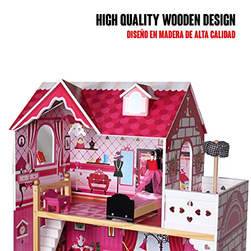 Calma Dragon Casa de Muñecas W06A101, de Madera con Muebles Incluidos, Mansion para muñecas, 3 Pisos para muñecas de 30cm, con Ascensor y 11 Accesorios.