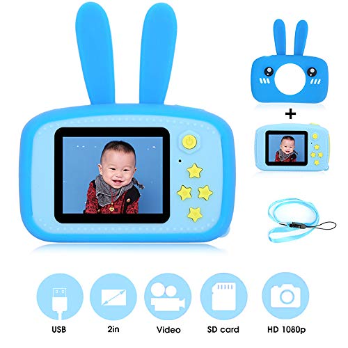 Cámara para Selfies para Niños de 2.0 Pulgadas, Cámara de Video Digital, Pantalla a Color HD, con Algunos Minijuegos, Cubierta Protectora de Dibujos Animados, Cámara de Juguete(Azul)