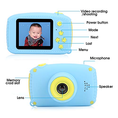 Cámara para Selfies para Niños de 2.0 Pulgadas, Cámara de Video Digital, Pantalla a Color HD, con Algunos Minijuegos, Cubierta Protectora de Dibujos Animados, Cámara de Juguete(Azul)