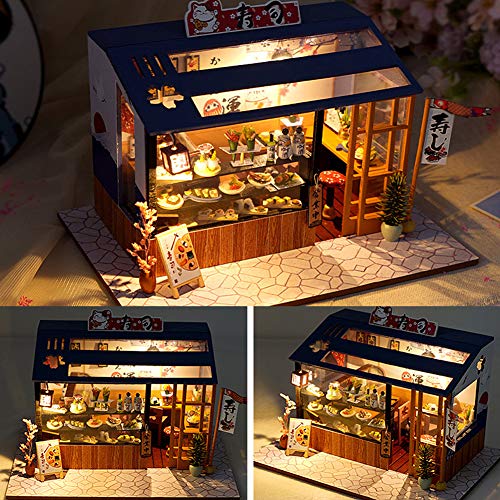 Casa de muñecas de estilo japonés en miniatura con muebles, kit de casa de muñecas de madera, sala creativa con luz LED (Sakura Sushi)