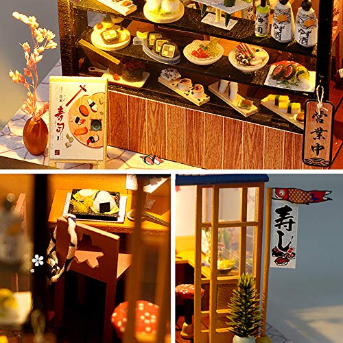 Casa de muñecas de estilo japonés en miniatura con muebles, kit de casa de muñecas de madera, sala creativa con luz LED (Sakura Sushi)