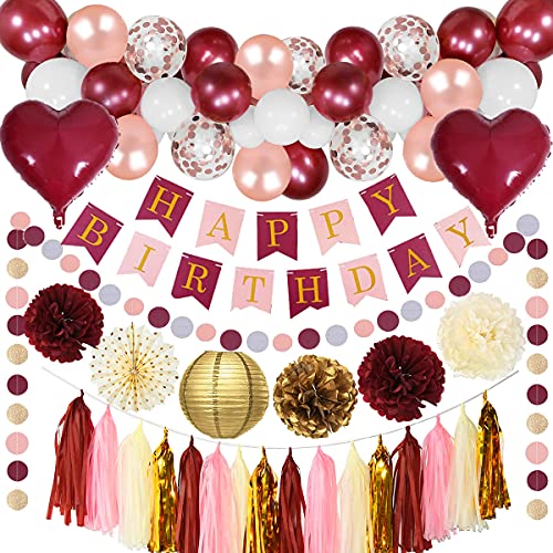 CHMMY Decoración Cumpleaños Mujer Globos Cumpleaños Decoracione Feliz Decoración Fiesta Cumpleaños Oro Rosa Borgoña Globos Kit Confeti Globos para Dama Mujer Niñas Cumpleaños Decoración