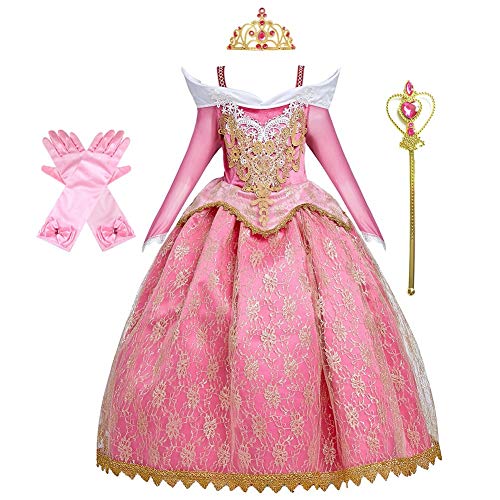 CinheyU Niñas Traje de Carnaval Disfraz de Bella Durmiente Aurora Princesa Cumpleaños Boda Fiesta Navidad Ceremonia Halloween Vestidos de Cosplay con Accesorios 5-6 años