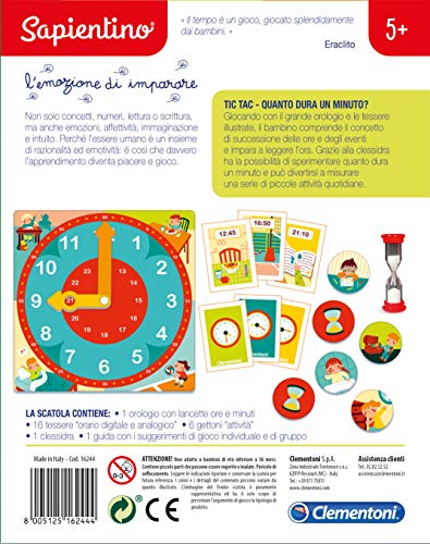 Clementoni-Sapientino La emoción de Aprender – Tic TAC cuánto Dura un Minuto-Fabricado en Italia – Play For Future, Reloj, Juego Educativo de 5 años (16244)