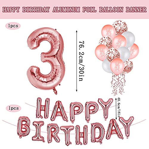 Colmanda 3 año Decoración Cumpleaños Oro Rosa, 3 año Feliz Cumpleaños Decoración Globos para Niñas y Mujeres, 3 año Oro Rosa Globos Guirnalda y Banner Globos, 3 año Ceremonia Bienvenida Al Bebé