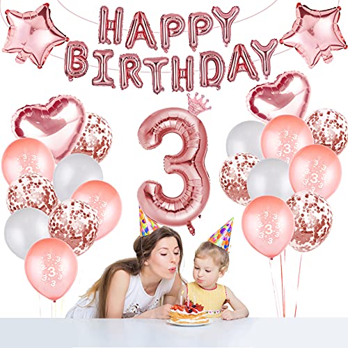 Colmanda 3 año Decoración Cumpleaños Oro Rosa, 3 año Feliz Cumpleaños Decoración Globos para Niñas y Mujeres, 3 año Oro Rosa Globos Guirnalda y Banner Globos, 3 año Ceremonia Bienvenida Al Bebé