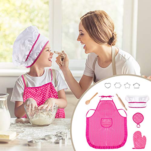 Comius Sharp Conjunto de Juego de rol de Chef, 11 Piezas Delantales para niños Juego de Niños ,Delantal Gorro de Cocinero y Utensilios Chica Disfraz de Chef Niños Cocina Juguete（Rojo）