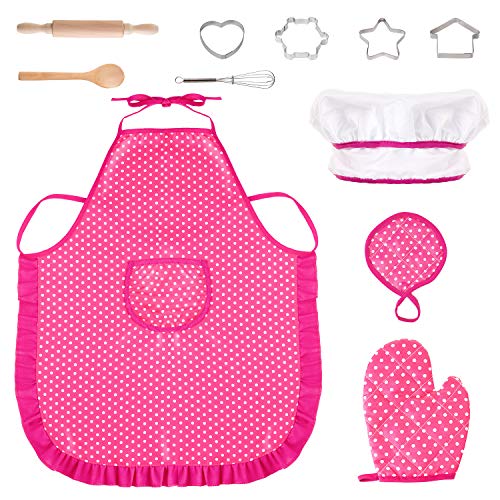 Comius Sharp Conjunto de Juego de rol de Chef, 11 Piezas Delantales para niños Juego de Niños ,Delantal Gorro de Cocinero y Utensilios Chica Disfraz de Chef Niños Cocina Juguete（Rojo）