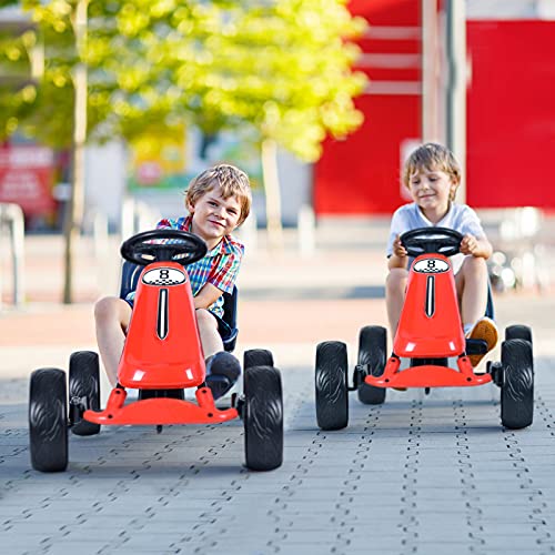 COSTWAY Go Kart de Pedales Montable para Niños, Conducción en el Exterior con Asiento Regulable, Embrague, Freno de Mano, Ruedas de Goma EVA, Juguete de Pedales para Niños (Rojo)