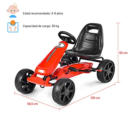 COSTWAY Go Kart de Pedales Montable para Niños, Conducción en el Exterior con Asiento Regulable, Embrague, Freno de Mano, Ruedas de Goma EVA, Juguete de Pedales para Niños (Rojo)