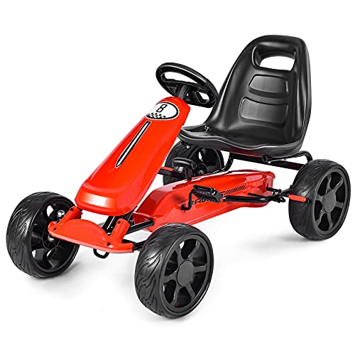 COSTWAY Go Kart de Pedales Montable para Niños, Conducción en el Exterior con Asiento Regulable, Embrague, Freno de Mano, Ruedas de Goma EVA, Juguete de Pedales para Niños (Rojo)