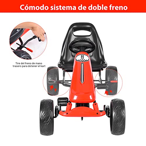 COSTWAY Go Kart de Pedales Montable para Niños, Conducción en el Exterior con Asiento Regulable, Embrague, Freno de Mano, Ruedas de Goma EVA, Juguete de Pedales para Niños (Rojo)