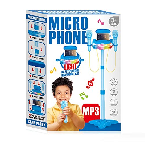 CT-Tribe Micrófono para niños, Juguetes Karaoke Dos Micrófonos con Soporte Ajustable y Efectos de Iluminación, Niños - Azul