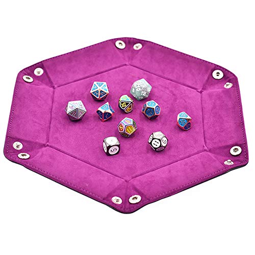 cusdie Bandeja de dados plegable Hexágono Dice Tray Cuero y Terciopelo Dice Holder para DND Dice Juego Mesa Juegos (Púrpura)