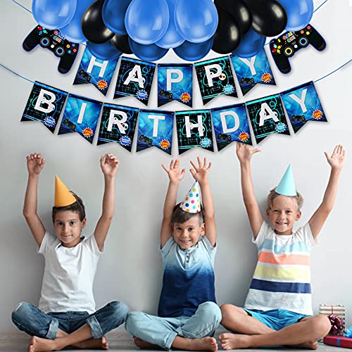 Decoración de cumpleaños número 12 para niños, globos de decoración de juegos, globos de control y globos azul-negros, pancartas de FELIZ CUMPLEAÑOS GAMEN ON WELCOME para niños