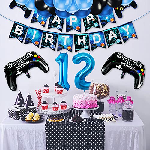 Decoración de cumpleaños número 12 para niños, globos de decoración de juegos, globos de control y globos azul-negros, pancartas de FELIZ CUMPLEAÑOS GAMEN ON WELCOME para niños