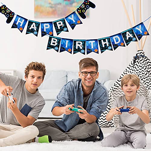 Decoración de cumpleaños número 12 para niños, globos de decoración de juegos, globos de control y globos azul-negros, pancartas de FELIZ CUMPLEAÑOS GAMEN ON WELCOME para niños