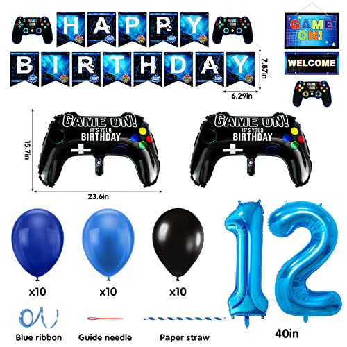 Decoración de cumpleaños número 12 para niños, globos de decoración de juegos, globos de control y globos azul-negros, pancartas de FELIZ CUMPLEAÑOS GAMEN ON WELCOME para niños