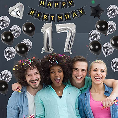 Decoración de cumpleaños para 17 años, diseño de hombre y niño, 17 globos negros y plateados, globos decorativos para 17 cumpleaños