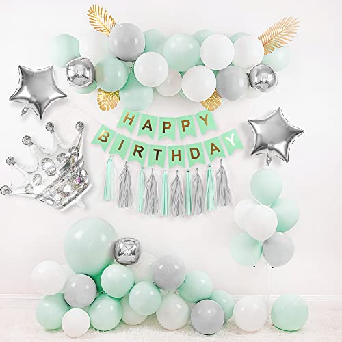 Decoraciones cumpleaños verdes, globos verde pastel pancarta HAPPY BIRTHDAY globos gris verde macarrón globos blancos globos plateados metálicos globos estrella corona