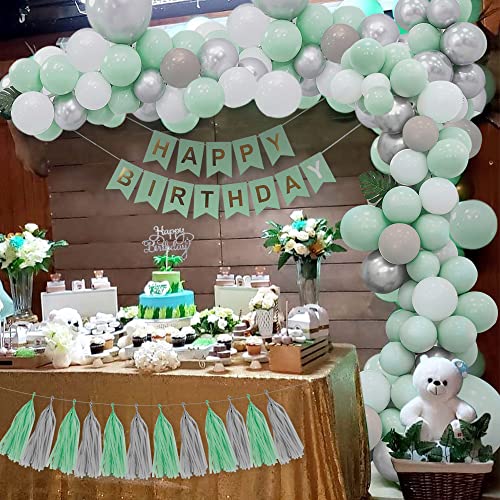 Decoraciones cumpleaños verdes, globos verde pastel pancarta HAPPY BIRTHDAY globos gris verde macarrón globos blancos globos plateados metálicos globos estrella corona