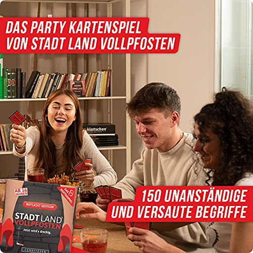 DENKRIESEN - Trio Rotlicht Edition - Stadt Land VOLLPFOSTEN® - Bloc de juego + juego de cartas + Hangman Galgenmännchen to GO.