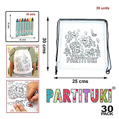 Detalles para Niños Partituki. 30 Mochilas para Colorear y 30 Sets de 7 Ceras de Colores. Detalles Fiestas Infantiles. Con Certificado CE de no Toxicidad