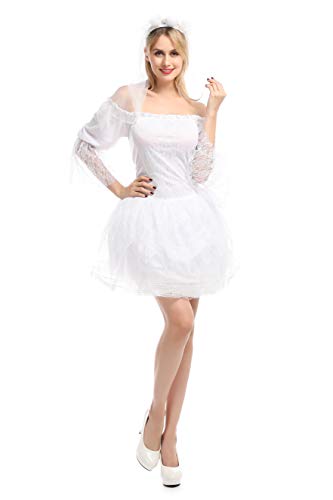 Disfraz de Novia Vestido Blanco con Tul Sexy para Mujer (Novia(PZ8664), S)