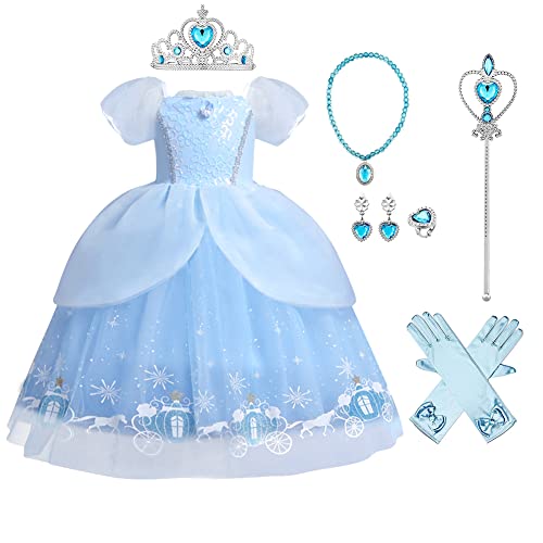 Disfraz de Princesa Cenicienta Niñas Carnaval Manga de Soplo Fiesta Vestido para Halloween Navidad Fiesta Ceremonia Aniversario Cosplay Costume Azul #9 4-5 Años