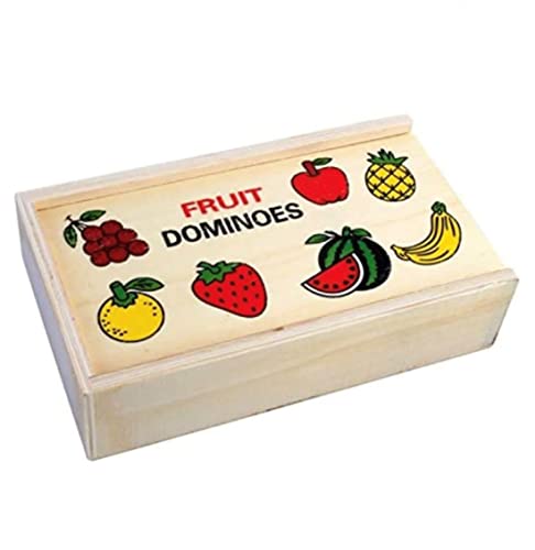 Divertido dominó Infantil de Madera. Fichas con Figuras de Frutas y animalitos. con 28 Piezas presentado en Estuche de Madera con Tapa. (Frutas)