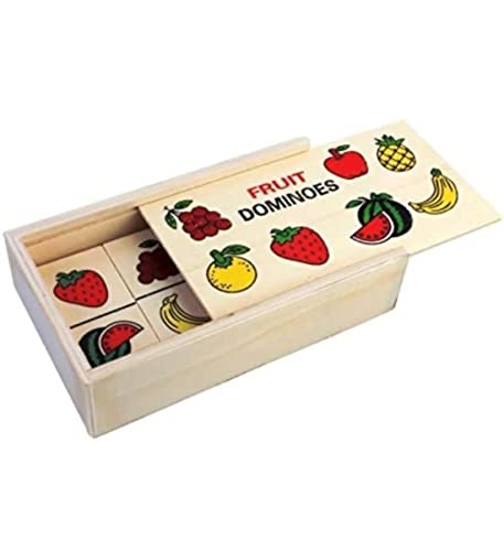 Divertido dominó Infantil de Madera. Fichas con Figuras de Frutas y animalitos. con 28 Piezas presentado en Estuche de Madera con Tapa. (Frutas)