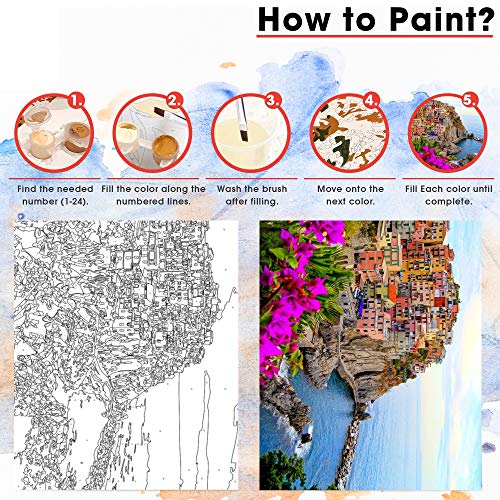 DonElton Pintar por números Adultos Paisajes Cinque Terre Italia – Cuadros para Pintar por números con Pinceles y Colores Brillantes – Lienzos para Pintar con Dibujo – Sin Marco