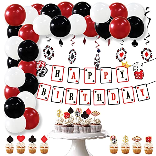 Easy Joy Juego Decoración Cumpleaños para Fiestas de Casino Banners de Feliz Cumpleaños Fiestas Temáticas de Las Vegas Tarjeta de Póquer Globo Arco Guirnalda para Decoración Fiesta