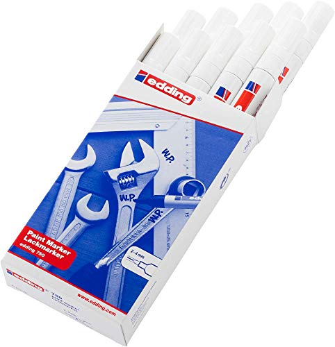 edding 750 marcadores de tinta opaca - blanco - 10 rotuladores - punta redonda 2-4 mm - para metal, vidrio, piedras o plástico - resistente al calor, permanente, no mancha, impermeable