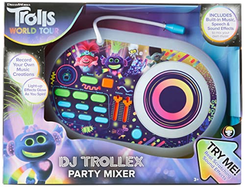 EKids Trolls World Tour DJ Trollex Party Mixer Juguete Giratorio para niños pequeños, micrófono Integrado, grabación, Efectos de Sonido, espectáculo de luz LED