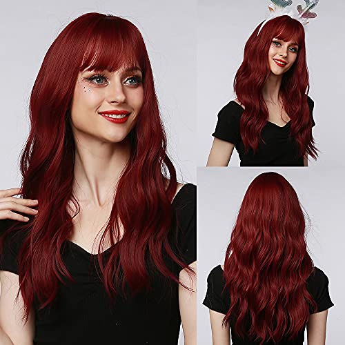 EMMOR Longues peluca roja pour femmes - Perruques synthétiques à cheveux ondulés avec frange (capuchon de perruque gratuit)