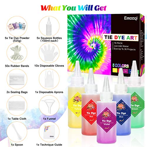 Emooqi Tie Dye Kit, 5 Colores Vibrantes Kit Tintes Textiles con Botellas Exprimibles, Gomas & Guantes etc, DIY Kit Permanentes Pinturas Ropa Tinte para Niños & Adultos