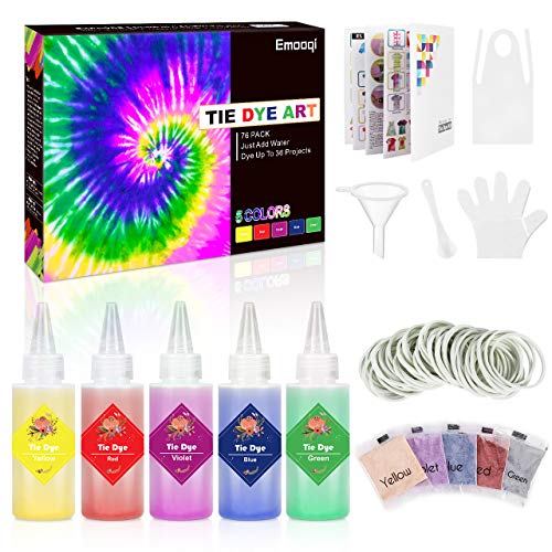 Emooqi Tie Dye Kit, 5 Colores Vibrantes Kit Tintes Textiles con Botellas Exprimibles, Gomas & Guantes etc, DIY Kit Permanentes Pinturas Ropa Tinte para Niños & Adultos