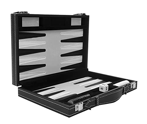 Engelhart- Maletín de Juego de Backgammon 11" 30 cm - Cuero de imitación Cosido (Negro/Blanco/Gris)